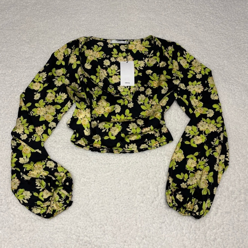 Mango Women Yellow Floral Print Wrap Front Blouse NWT